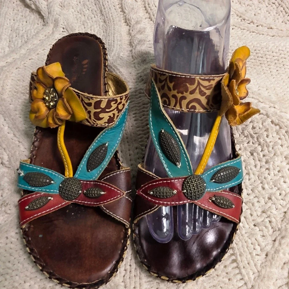 Spring Step Wedge Sandals Leather Red Yellow Teal 3D Flowers‎ Womens 38 7-7.5